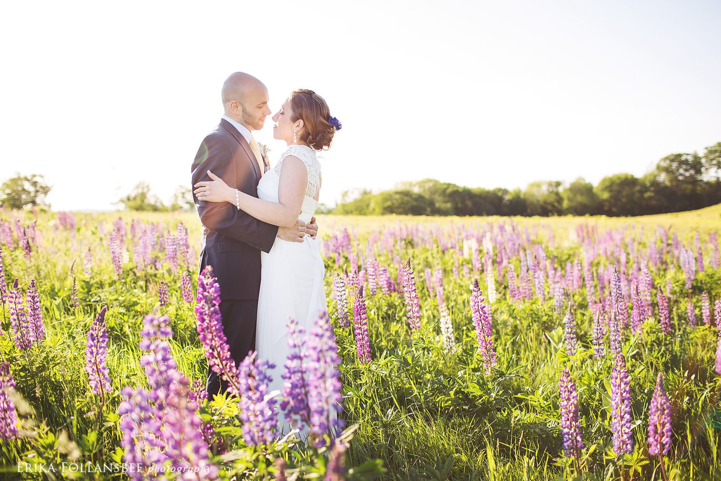 wedding photo in the lupines NH