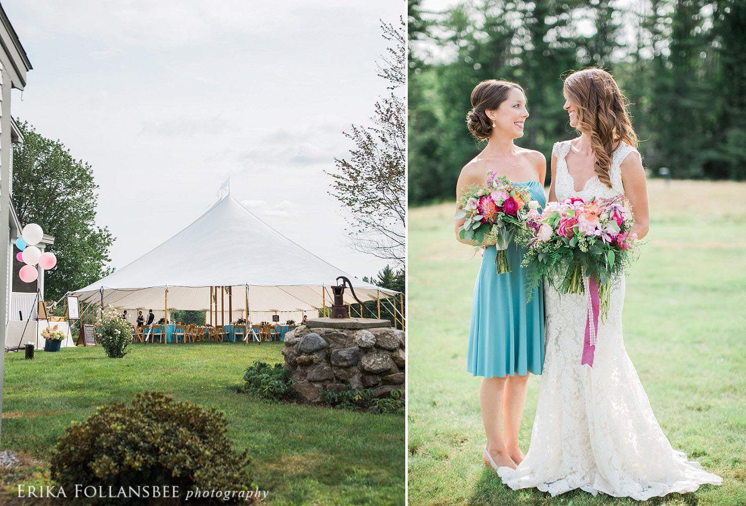 scenic sailcloth tent | bride and maid of honor with large bouquets