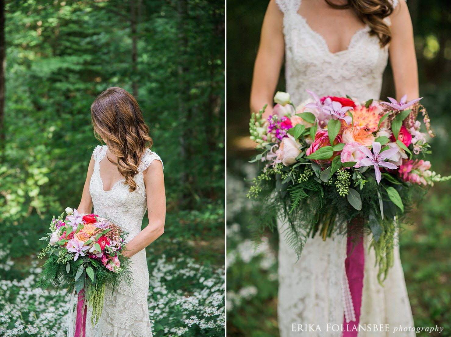 bride holding a large, colorful, free-form bouquet by Sorella Flower Company