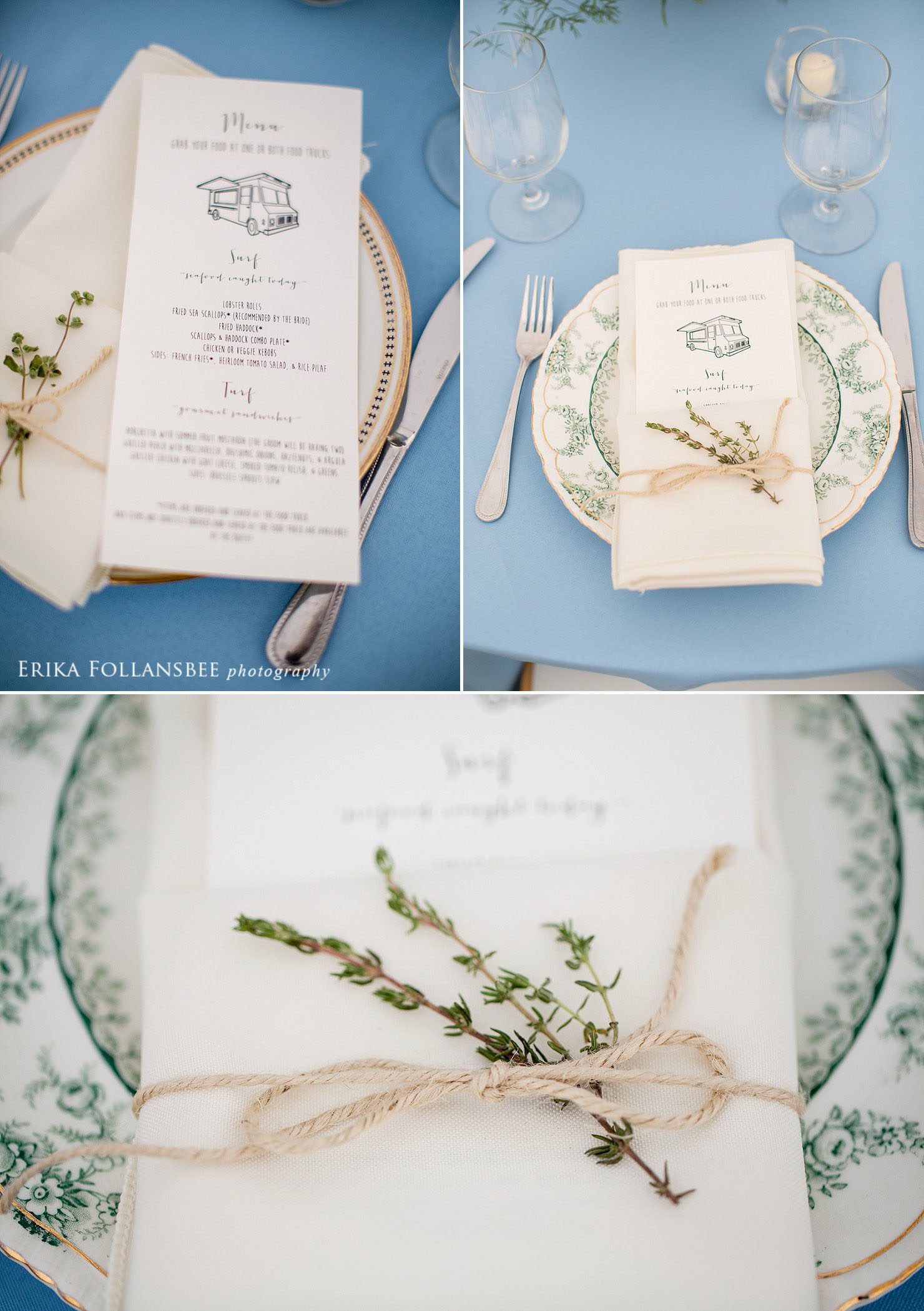 wedding food truck menu tucked into napkin tied with twine and a sprig of thyme