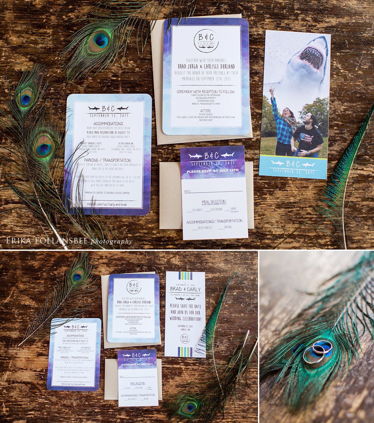 Peacock and Shark themed wedding invitations