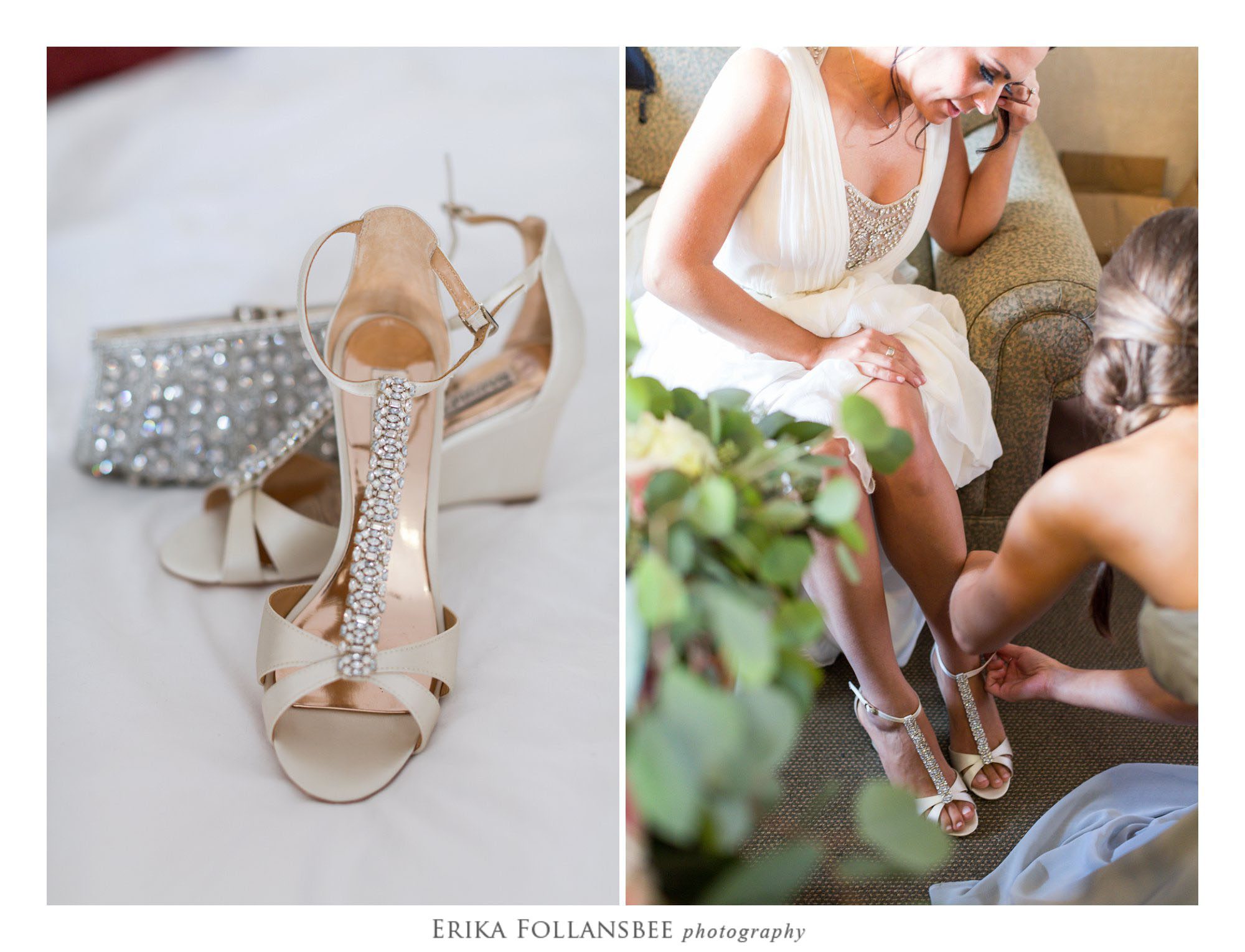 Bride putting on gold shoes