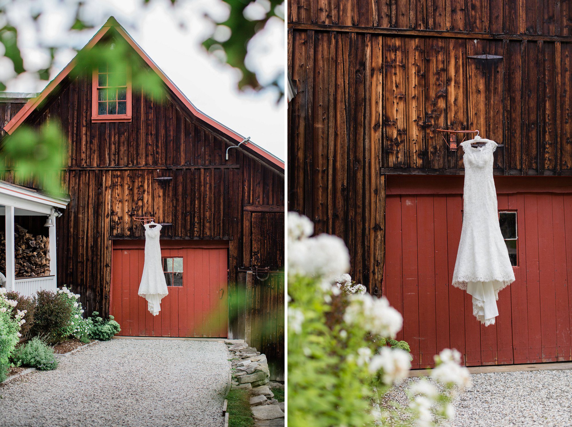 Wedding dress hanging on big wooden barn by the basketball hoop