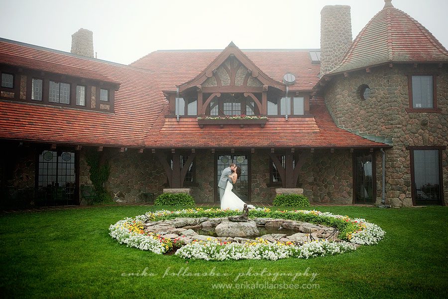 Bride and Groom in the fog at Castle in the Clouds | NH Wedding