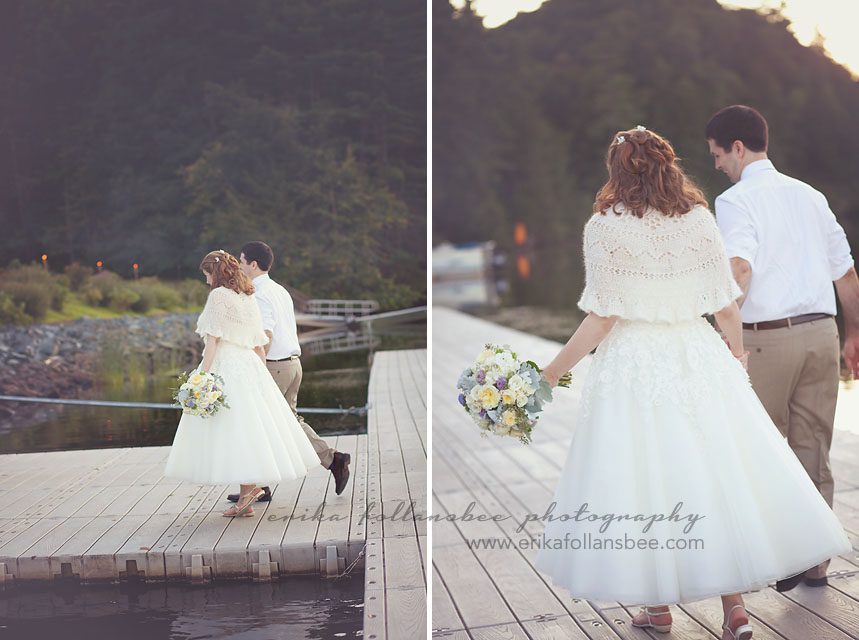 NH bride and groom on dock at sunset