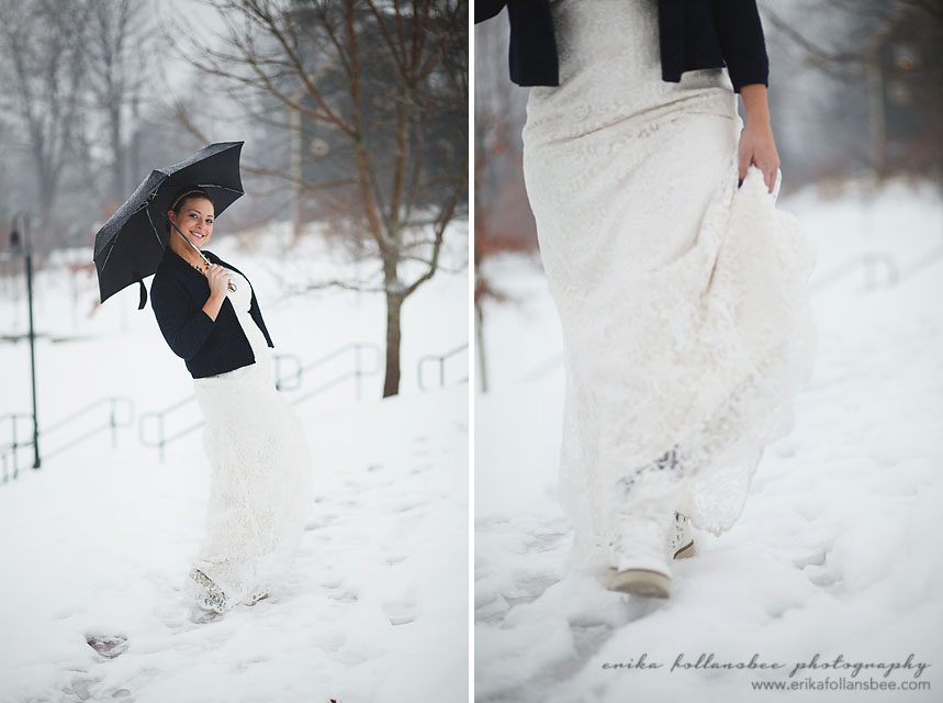 bride walking in the snow with boots