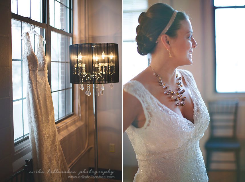 beautiful bride with gown hanging by window