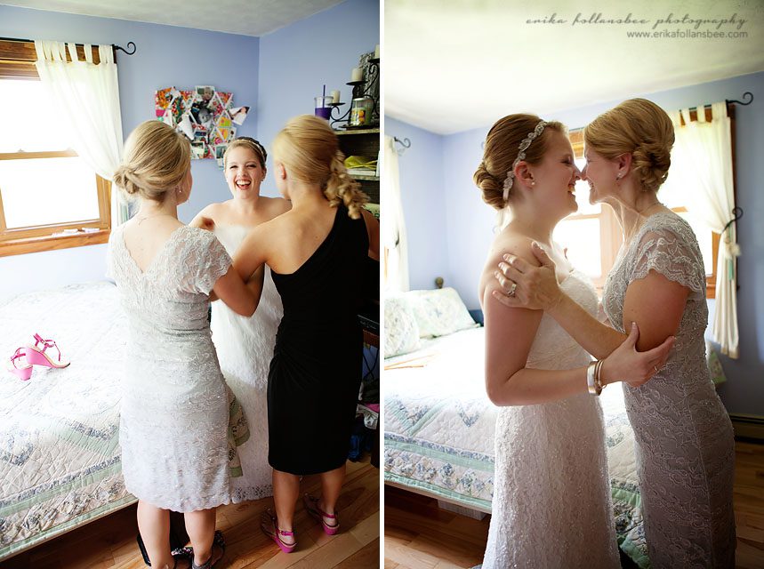 bride getting dressed with mother