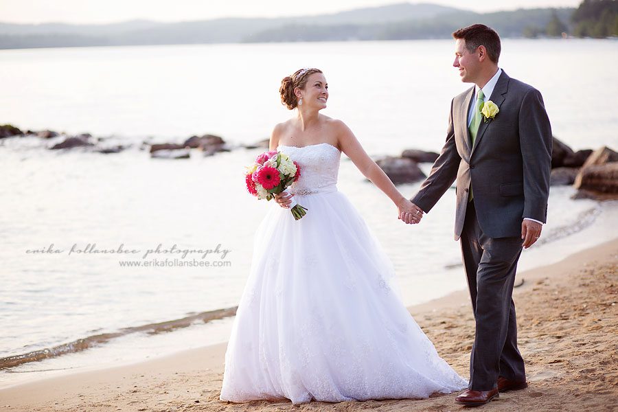 bride and groom walking on beach in sunset, Margate Resort NH