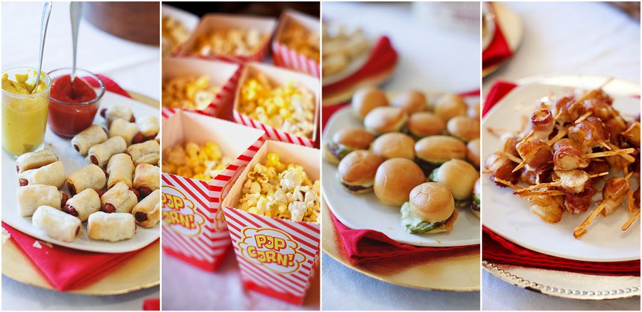 Fun American-themed wedding appetizers like mini cheeseburgers, hot dogs, popcorn