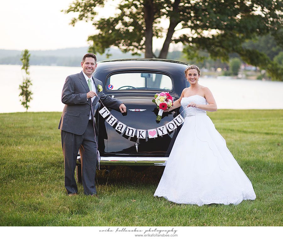 wedding thank you banner with 1937 chevy master classic car