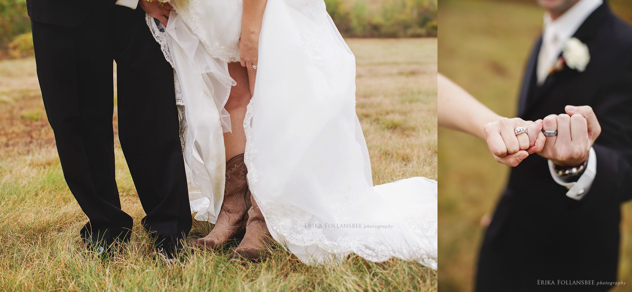 Rustic NH Bride with Cowboy boots | Holding hands with wedding rings