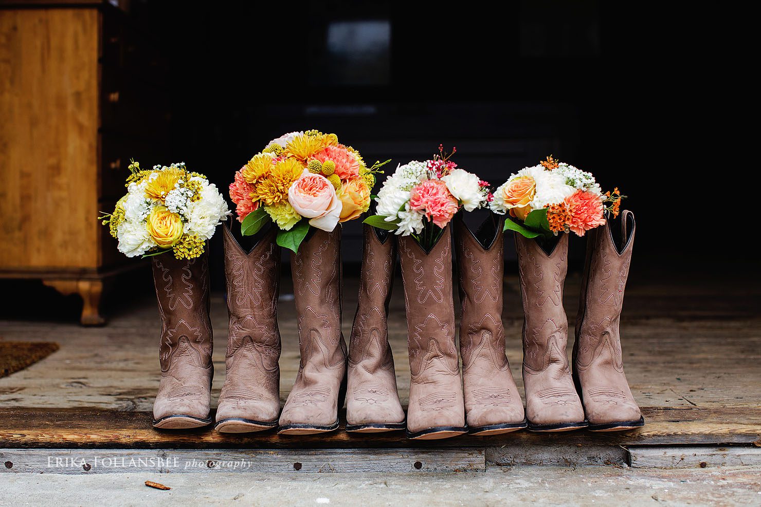 Cowboy boots stuffed with bridal bouquets | NH Rustic Wedding