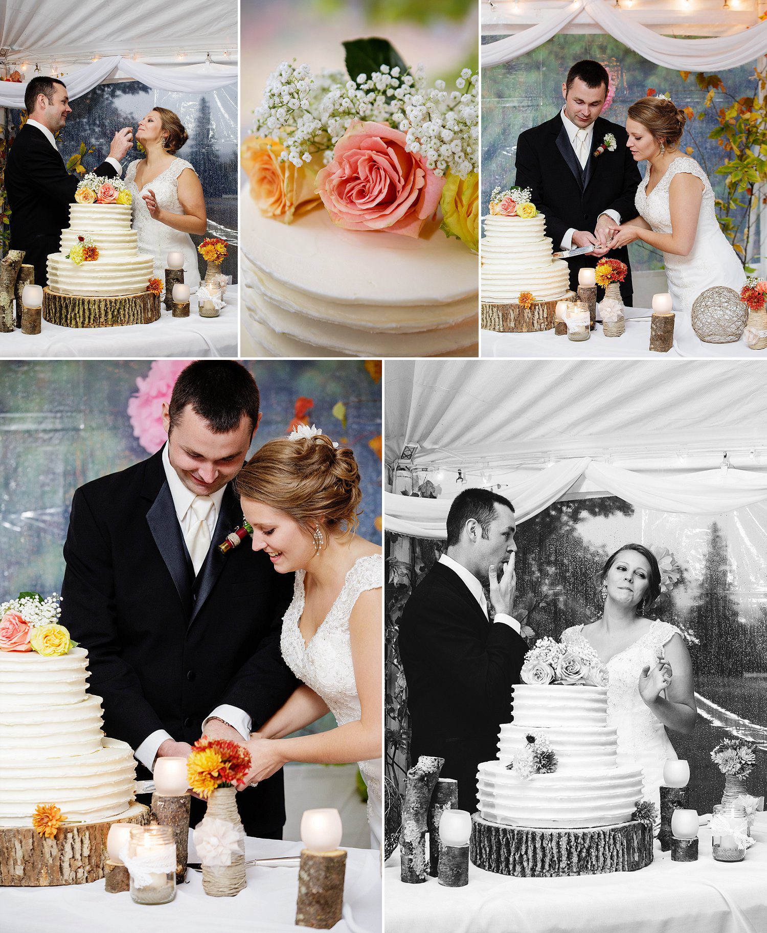 Bride and groom cut their wedding cake at Meadow Wind B&B | Hebron, NH
