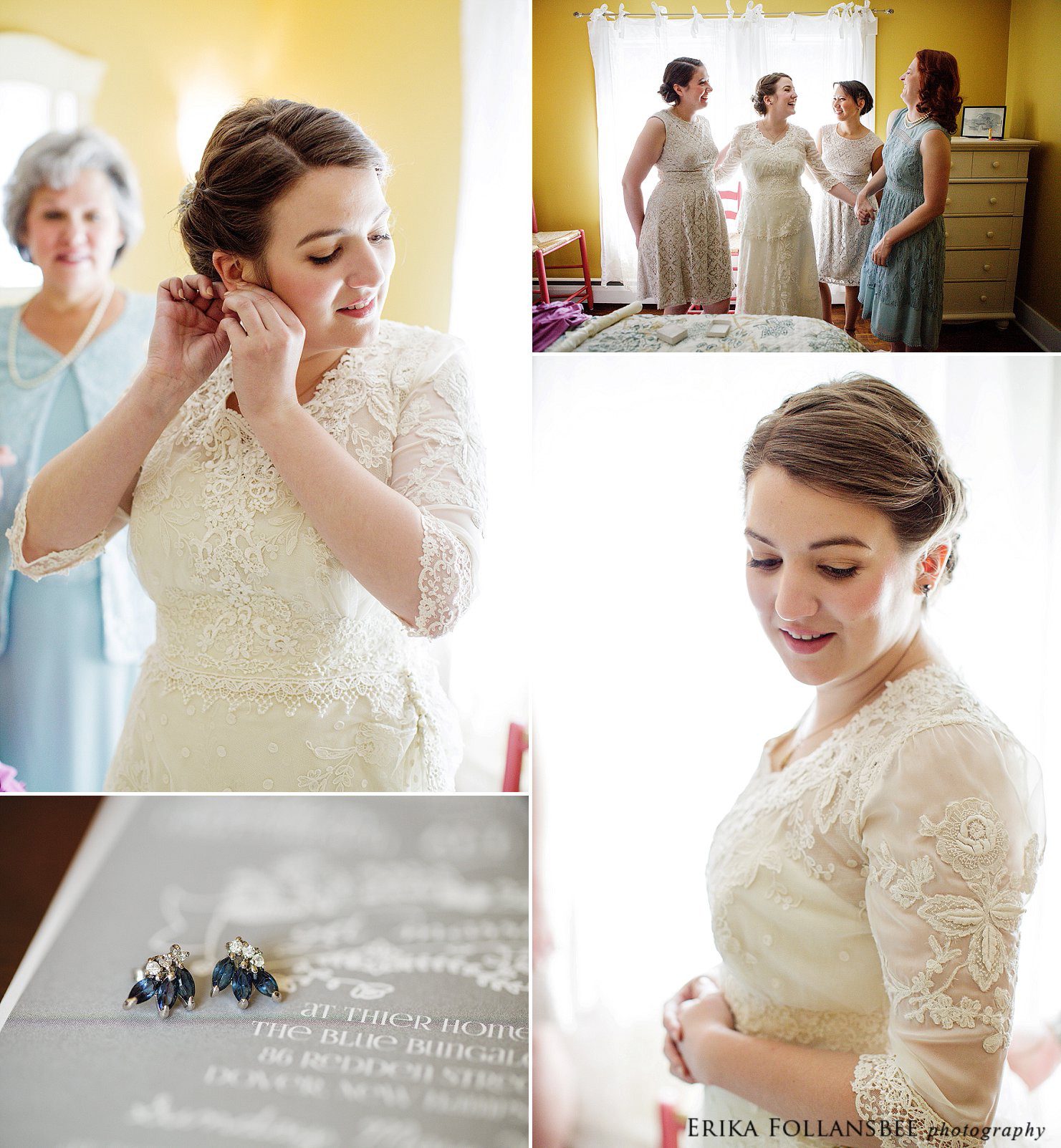 bride in antique lace gown and vintage sapphire earrings