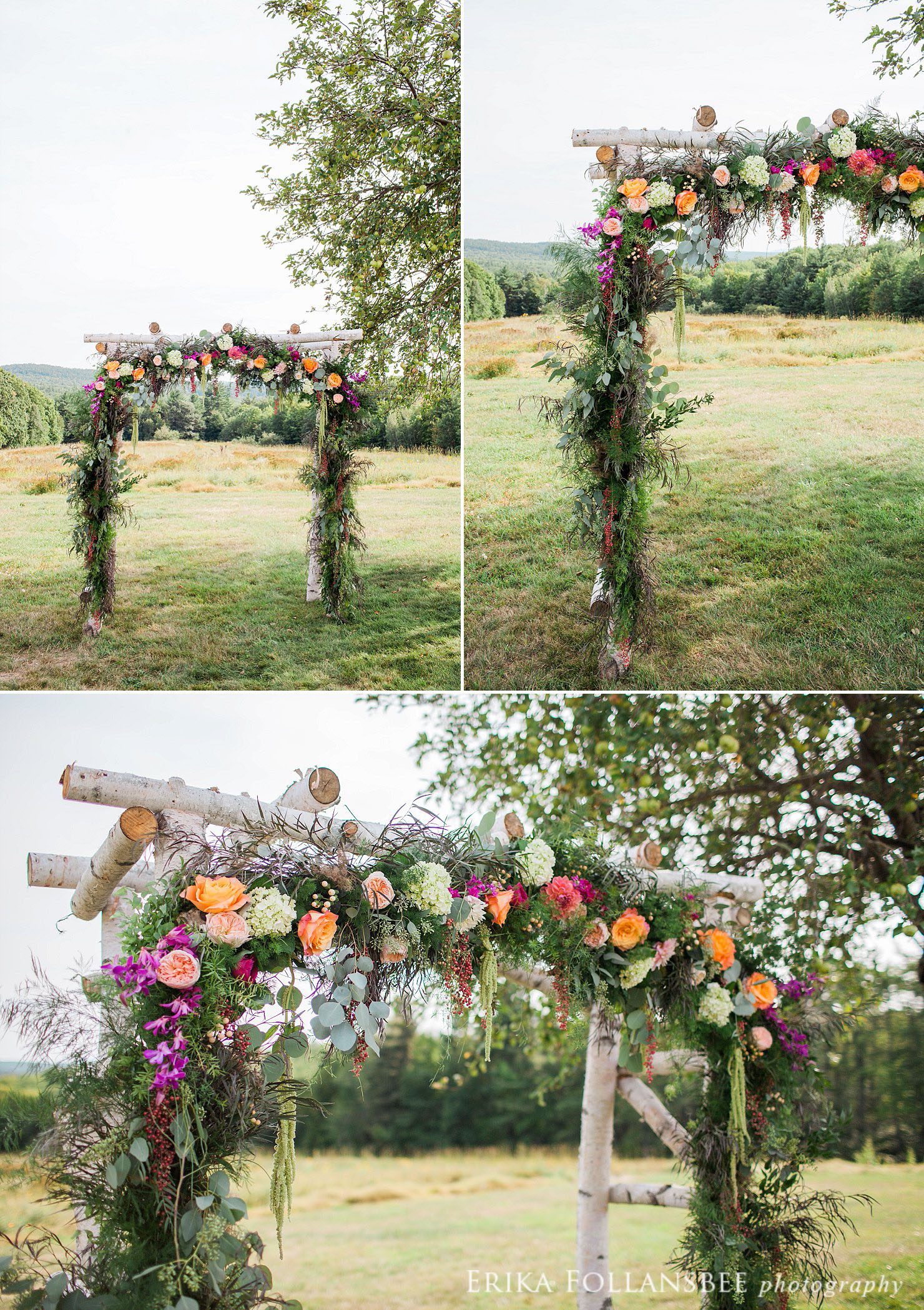 Wedding arbor decorated with flowers and greenery by Sorella Flower Company