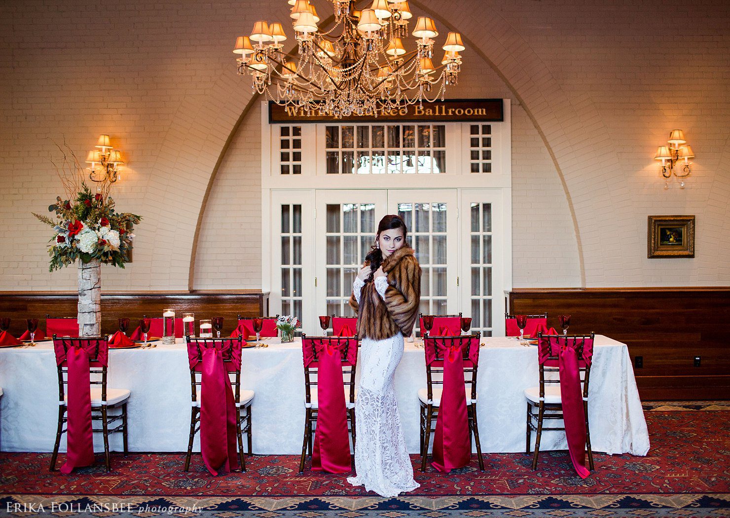 Winter wedding reception styled in red and gold for Lakes Region Bride magazine