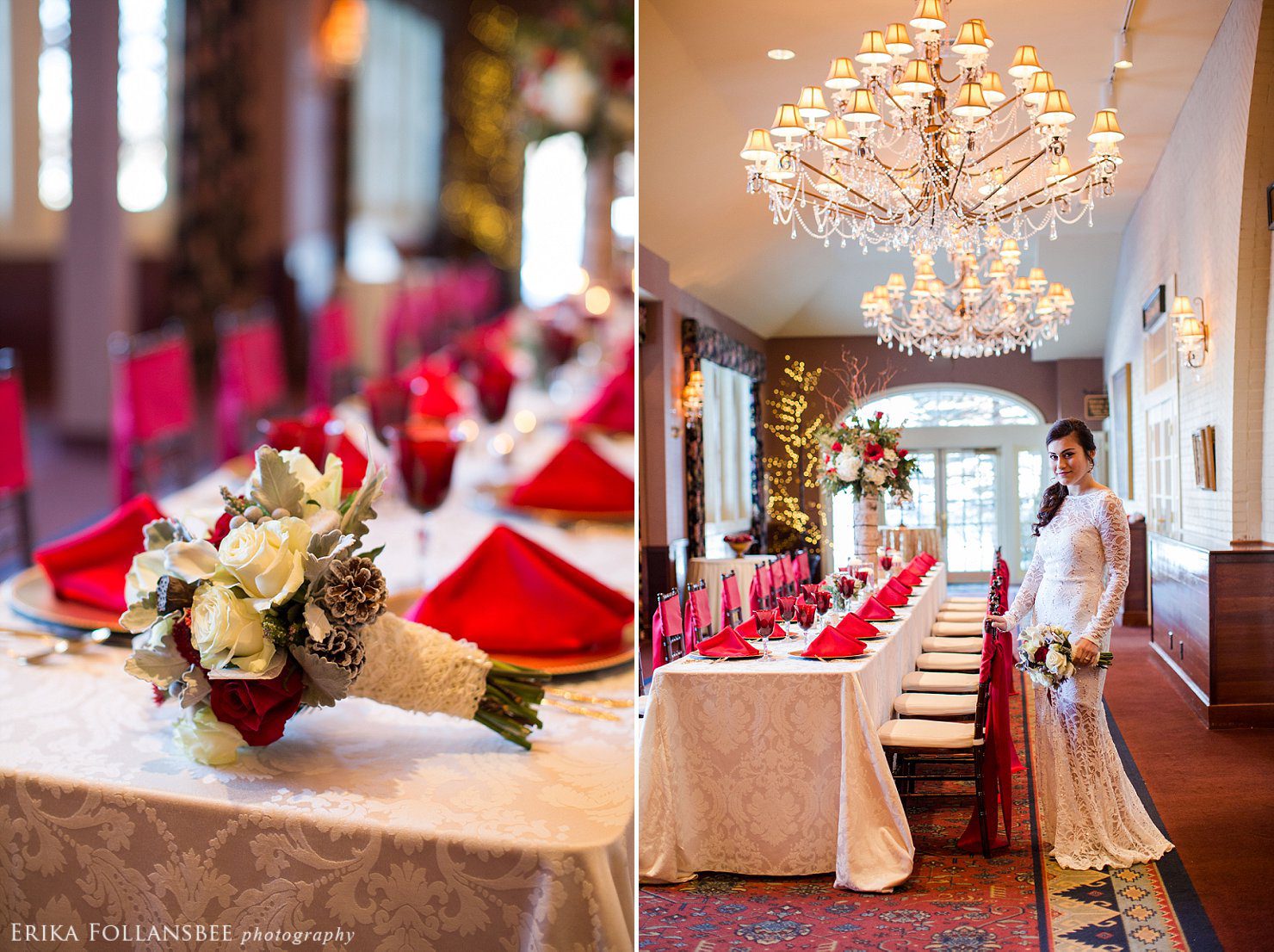 Winter wedding reception styled in red and gold for Lakes Region Bride magazine