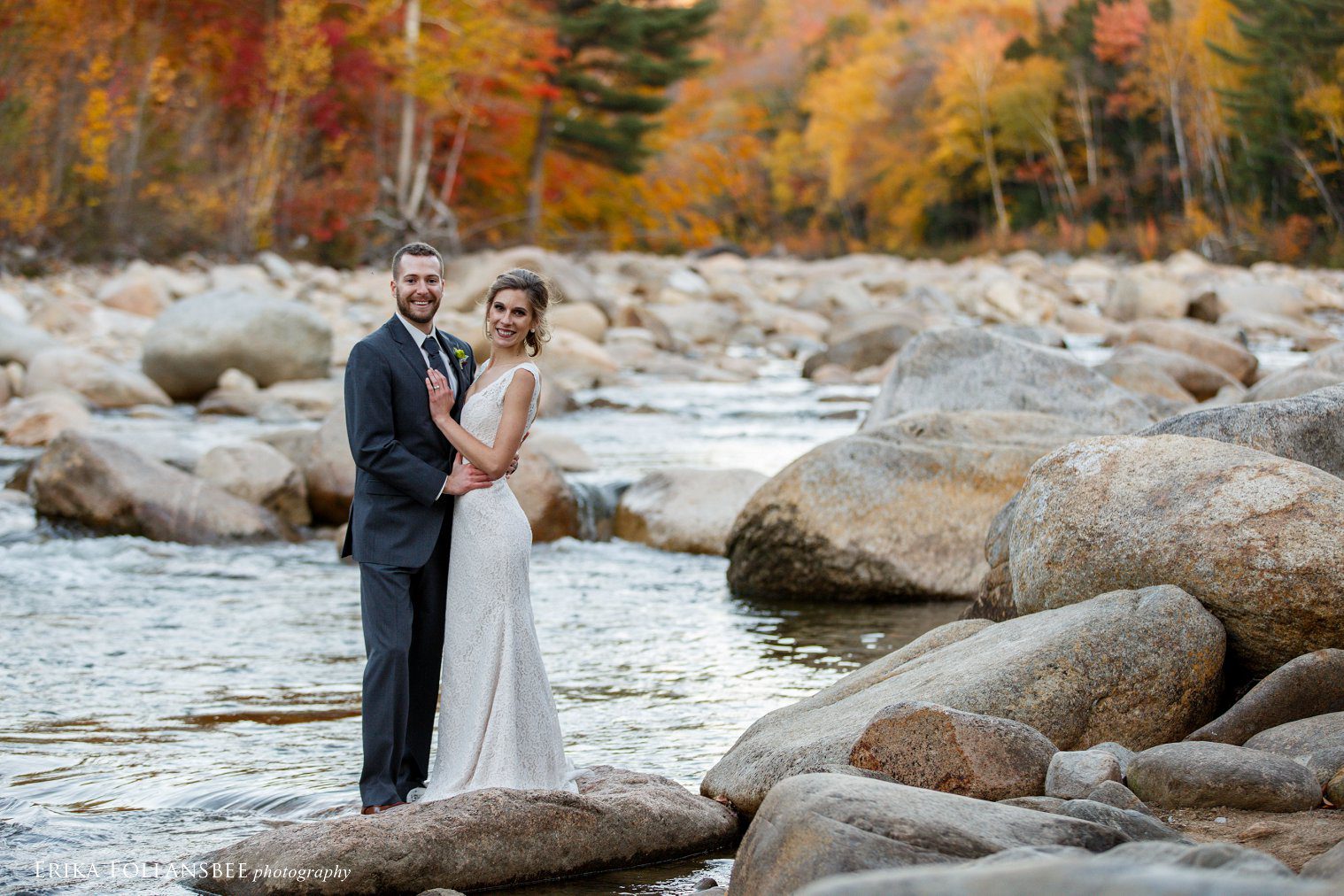 Bride and Groom in the Pemigewasset River at Loon Mt. Resort, October Wedding | Erika Follansbee Photography
