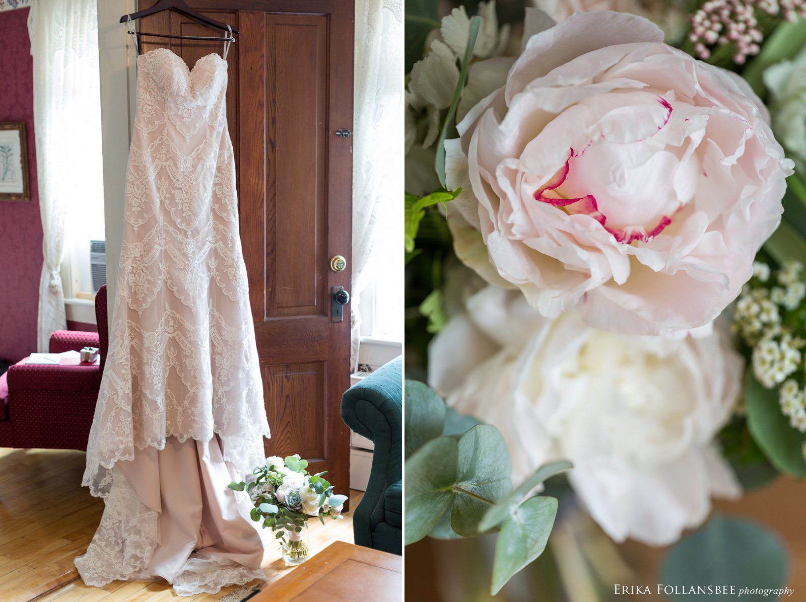 blush wedding gown hanging on door