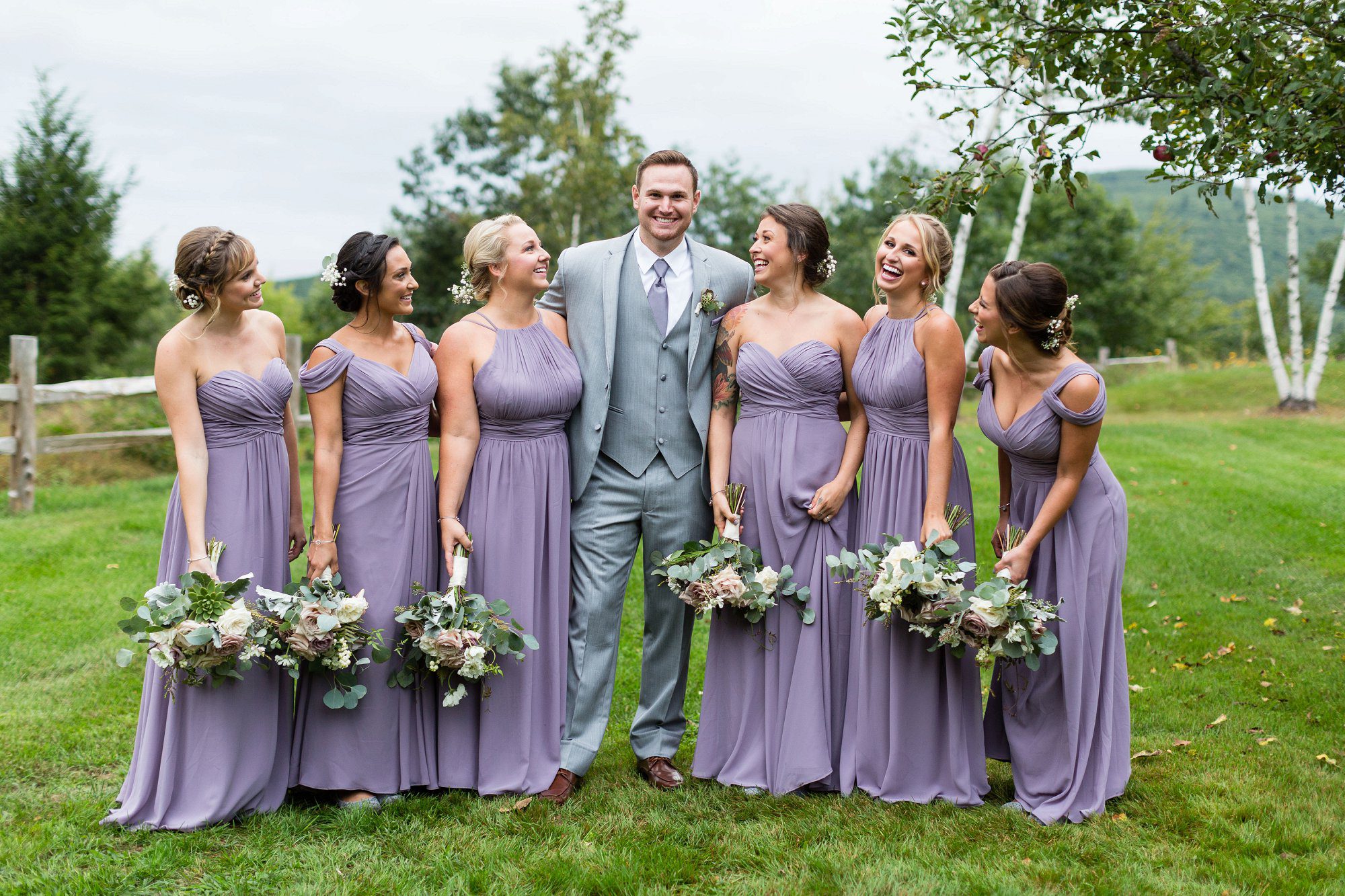 Bridal party in lilac at the Barn on the Pemi | Plymouth NH Wedding