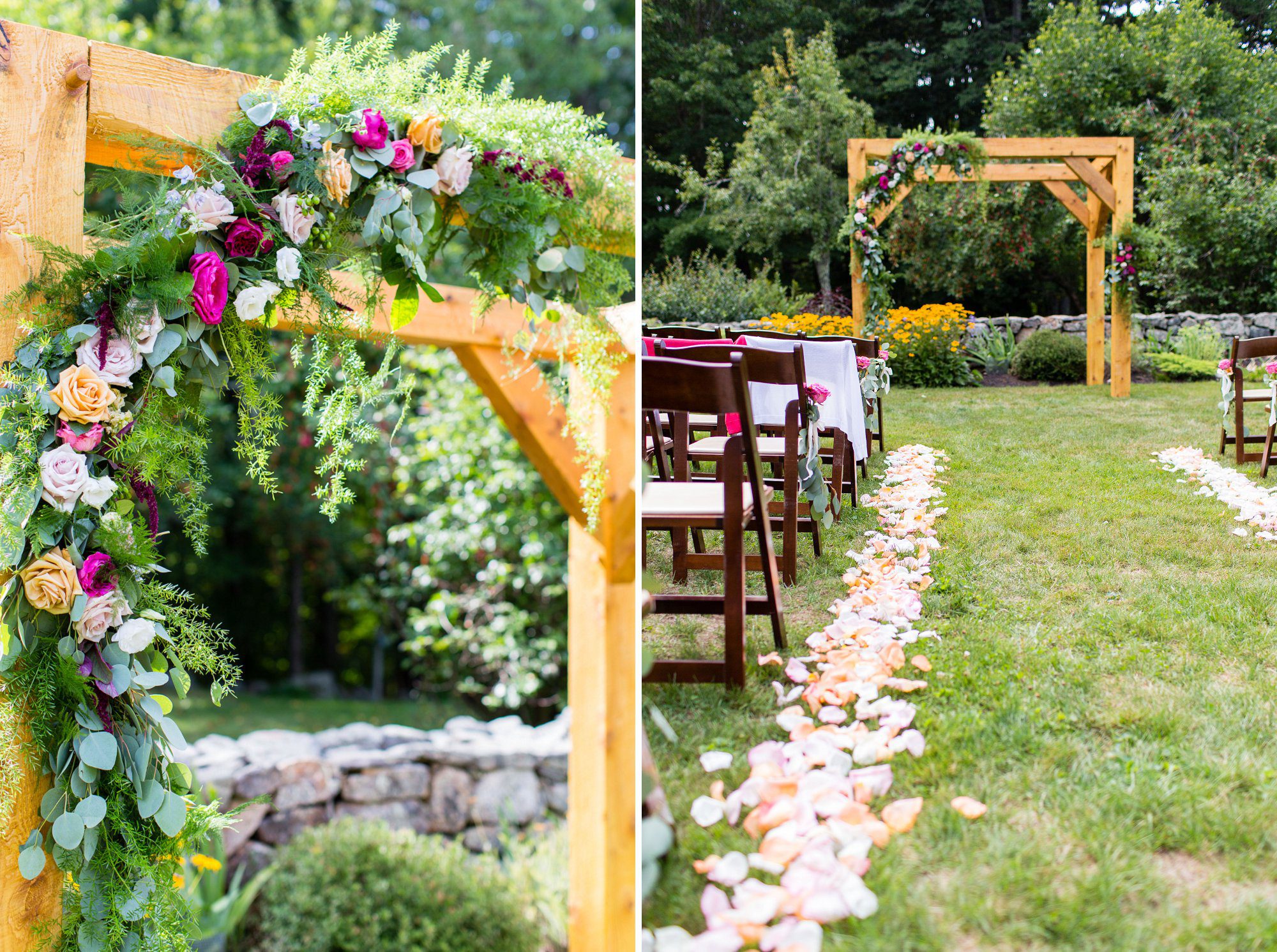summer wedding at Josias River Farm Maine | ceremony aisle lined with rose petals