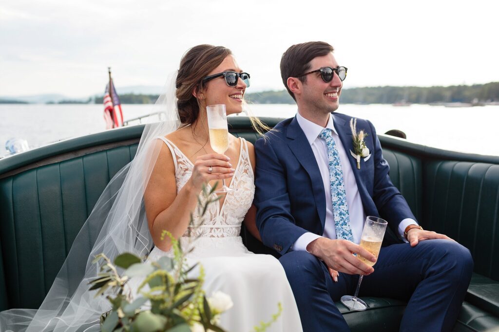 Laughing Loon Wedding | Wolfeboro NH Lake Camp Wedding | Millie B Antique Wooden Speedboat